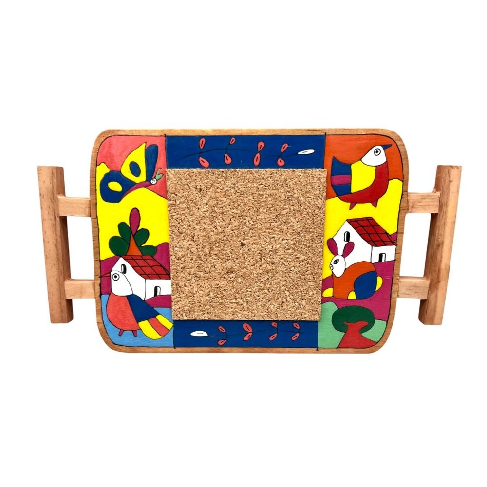 El Salvador Hand-Painted Wooden Trivet Hot Pad Colorful Folk Art Design Cork